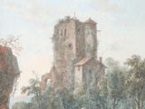 painting of a castle in a wooded area with a man and a woman on a horse