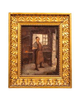 un vieux tableau représentant un homme dans une cuisine avec un four