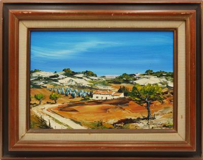 un tableau représentant un paysage avec une maison et des arbres