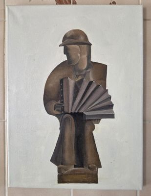 a painting of a man holding a fan on a tile wall