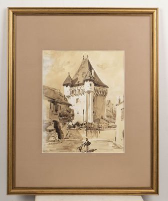 un tableau représentant un château avec une tour horloge au centre