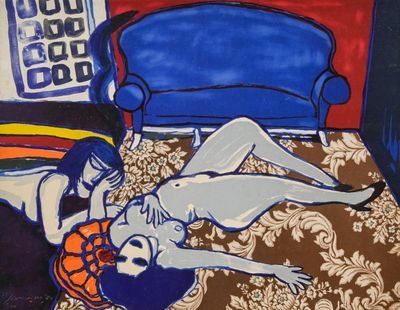 un tableau représentant une femme allongée sur un lit, à côté d'une chaise bleue