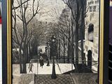 tableau représentant une scène de rue avec un couple marchant sur le trottoir