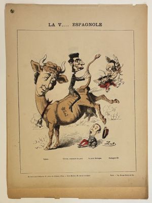an old political cartoon of a man riding a bull