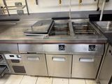 stainless steel counter top with three burners and two sinks in a commercial kitchen