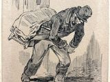 un vieux dessin représentant un homme portant un sac de voyage