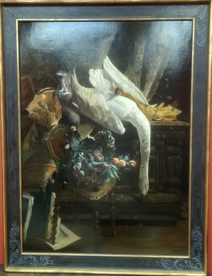 an image of a painting of a bird with a basket of fruit on a table