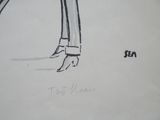 drawing of a woman in a suit and hat with a cane