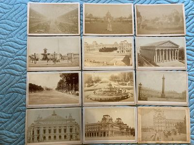 several old black and white photographs of buildings and a fountain
