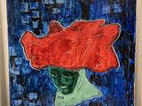 une peinture représentant un poisson rouge sur fond bleu