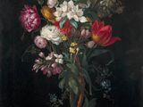 an image of a painting of flowers in a vase on a black background