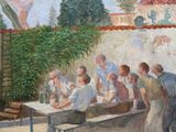 a painting of a group of people sitting around a table