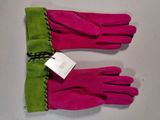 pair of pink and green gloves with a tag on them