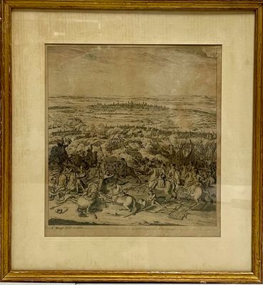 dessin encadré représentant une scène de bataille avec des soldats et des chevaux dans un champ