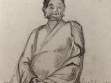 a drawing of a woman sitting on a chair with her legs crossed