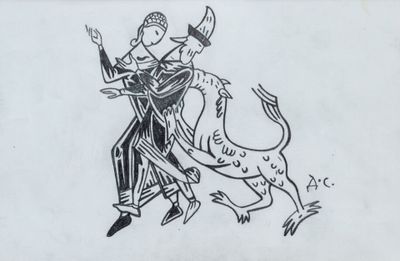 an ink drawing of a man riding a bull with a woman on his back