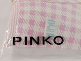 a pink and white checkered shirt with gold buttons on it