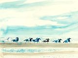 painting of a group of horses running on a beach