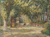an image of a painting of a park with trees and benches
