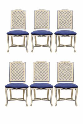 set of six french style dining chairs with blue upholstered seats
