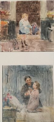 trois aquarelles représentant un homme et un enfant dans un salon