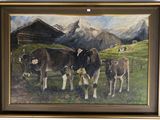 a painting of cows in a field with a barn in the background