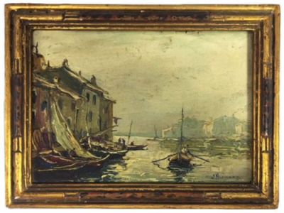 une image d'une peinture de bateaux dans un port avec des bâtiments en arrière-plan