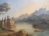 a painting of a castle on the shore of a lake
