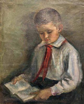 tableau représentant un garçon en chemise blanche et cravate rouge, en train de lire un livre