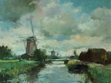 painting of a windmill in a field next to a body of water