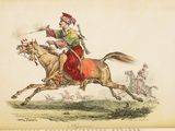 a drawing of a man riding a horse on the grass