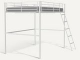 the bunk bed is white and has a ladder on the bottom