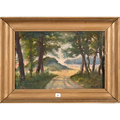 une peinture à l'huile représentant une route de campagne avec des arbres et des collines en arrière-plan