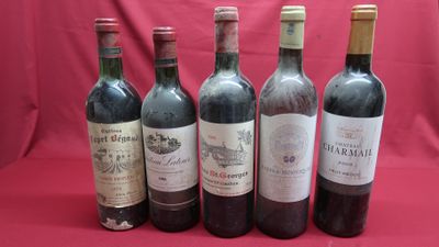 six bottles of wine are lined up in a row on a red background