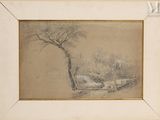 drawing of a landscape with a house and a tree in the foreground