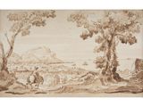 a drawing of a landscape with a man and a dog in the foreground