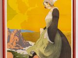 french vintage travel poster of a woman on a cliff overlooking the ocean