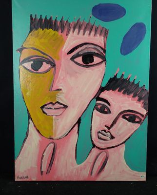 a painting of a woman and a child on a green background