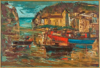 a painting of boats in a harbor with buildings in the background