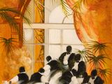 un tableau représentant un groupe d'oiseaux assis à une table