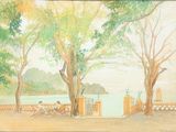 un tableau représentant des personnes assises sur un banc au bord de l'eau