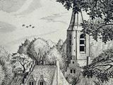 a black and white drawing of a church with a bird flying over it