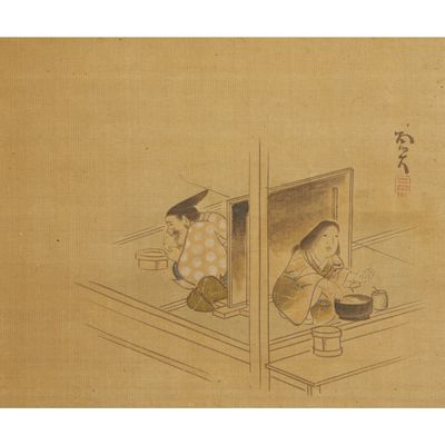 an old painting of two women sitting on a window sill