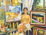 painting of a woman sitting on a chair in front of a painting