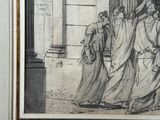 drawing of a group of people walking down a street in front of a building