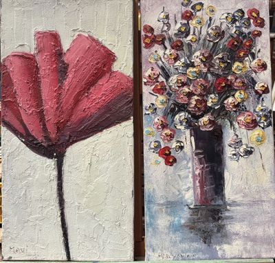 two paintings of flowers in a vase on a table