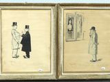 three framed drawings of people in formal clothing and hats