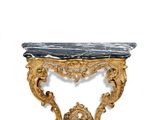 an antique console table with a marble top on a white background