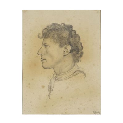 an old drawing of a woman with curly hair and a collared shirt