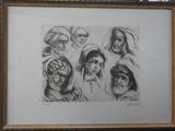 dessin représentant un groupe de personnes portant un foulard, dans un cadre